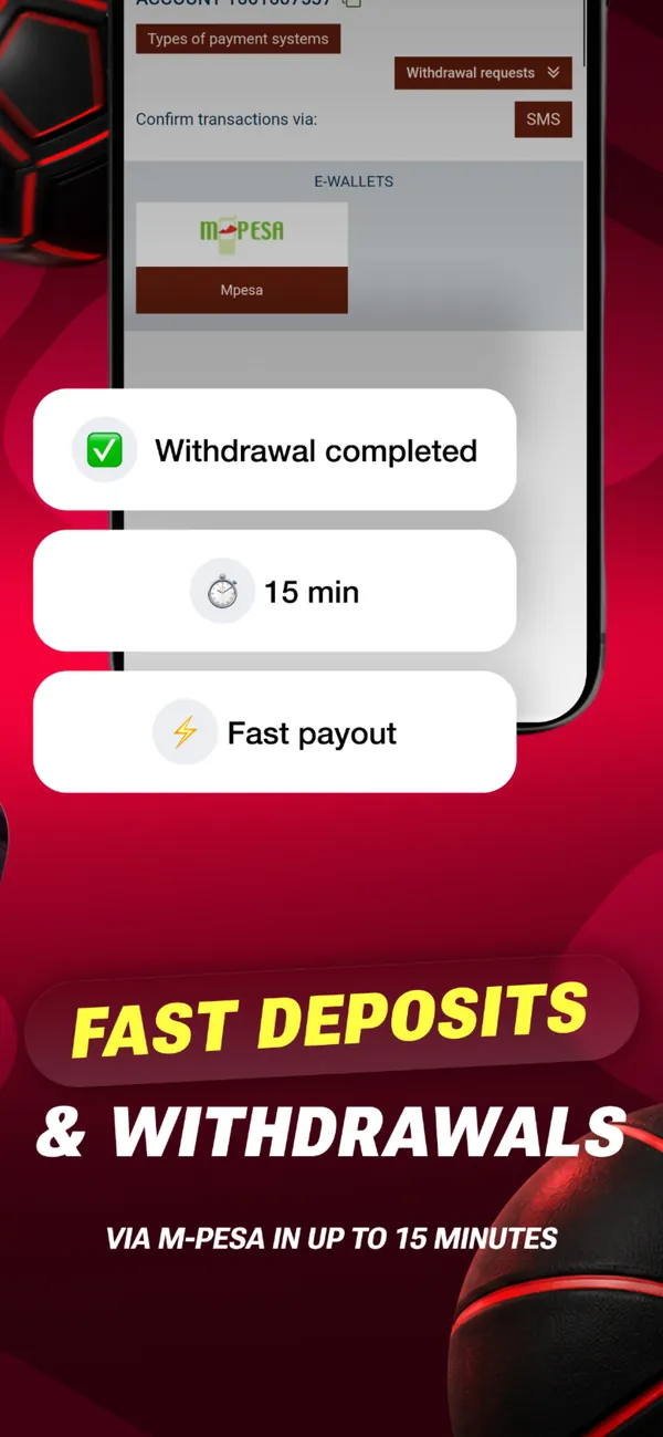 888starz app screen with the M-Pesa e-wallet option: fast deposits and withdrawals in up to 15 minutes